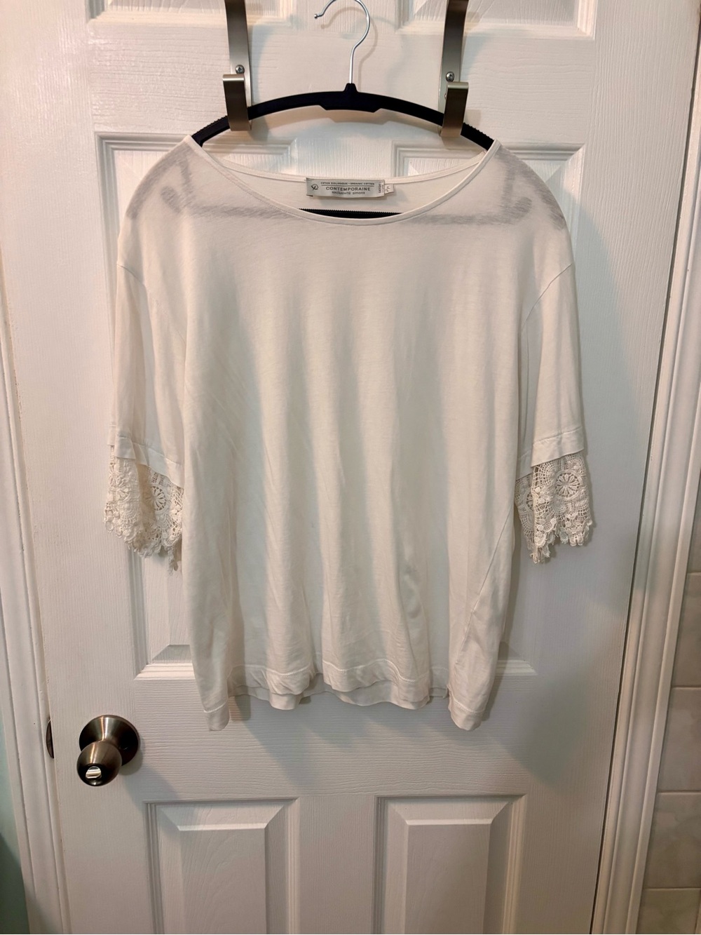 Simons White Short Sleeve Tee with Lace Trim Sleeves